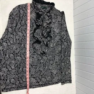 Ralph Lauren Black White Paisley‎ Ruffle Front Long Sleeve Cotton Blouse Size XL thumbnail 10