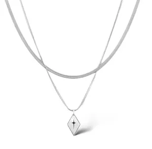 Layered Snake Chain Geometric Rhombus Cross Pendant Necklace for Men Women thumbnail 1