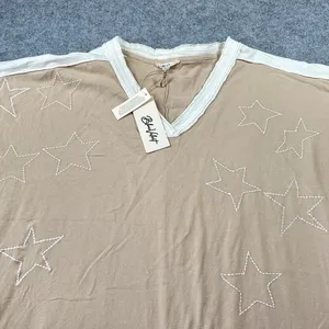 Blue Velvet Tan Star Embroidered V-Neck‎ Cotton Top Two-Tone Boho NEW Oversized thumbnail 2