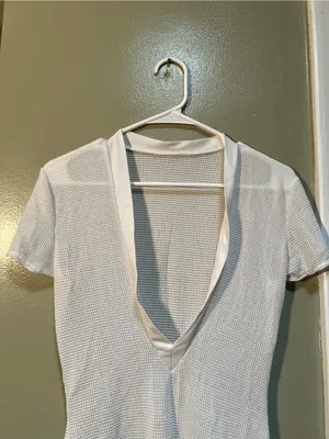 Womens Size Small Crochet Cover Up Beach Dress Short Sleeve V-Neck White Stretch thumbnail 5
