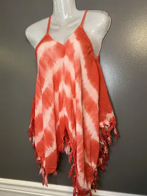 Mimi Shirt Womens Large Red White Tie Dye Cami Tassel Fringe Handkerchief Boho thumbnail 3