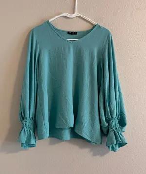 Light Teal V-Neck Blouse with Smocked Balloon Sleeves thumbnail 1