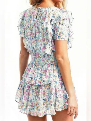 LoveShackFancy 100% Cotton Smocked Ruffle Mini Dress Blue & Pink Floral Size XS thumbnail 2