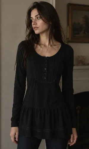 Y2K Black Peasant Top Tunic Henley Lace Trim XL Babydoll Gothic Bella Swan Elena thumbnail 1