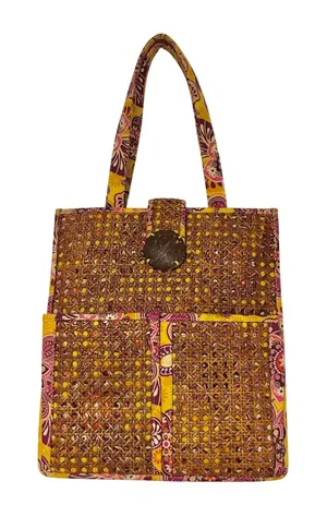 Vera Bradley Paisley Rattan Straw Wicker‎ Weave Tote Bag Floral Yellow Boho thumbnail 1