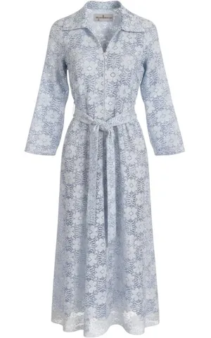 Vintage David Brown Light Blue Floral Lace Maxi Dress Zip Front Belted Small thumbnail 1