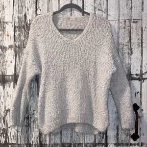 Altar’d state chunky knit gray cream vneck sweater thumbnail 1