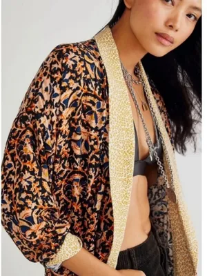Free People Wild Nights Duster Kimono Black Floral Leopard Combo size Large $168 thumbnail 2