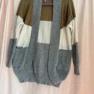 Gray and White Chunky Knit Cardigan Sweater thumbnail 2