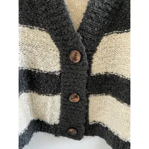 Prómesa Gray Cream Striped Chunky Knit Cardigan Sweater Boho Cozy Size S thumbnail 3