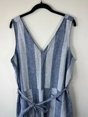 Beach Lunch Lounge Linen Blend Cropped Jumpsuit Blue Stripe Wide Leg Coastal Lg thumbnail 2