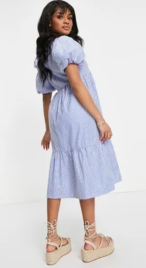 ASOS Puff Sleeve Dress Midi blue stripped thumbnail 2