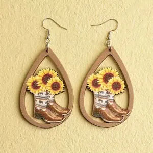 Western‎ Retro Personality Cowboy Boots Sunflower Earrings Wooden Water Drop thumbnail 4