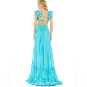Mac Duggal 70254 Womens Blue Ruffled Shoulder Cut Out Lace Up Gown Dress thumbnail 6