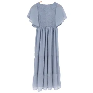 Womens Dusty Blue Swiss Dot Smocked Maxi Dress Boho Flutter Sleeve Tiered M thumbnail 4