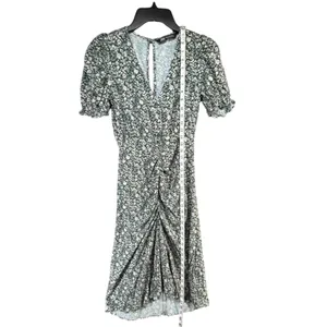 Zara Floral Green‎ Gathered Midi Dress V-Neck Puff Sleeve Cottagecore Prairie XS thumbnail 8