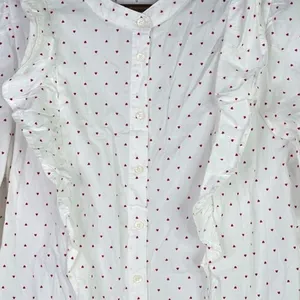 J.Crew Cotton Poplin Ruffle Heart Print Button Down LongSleeve Shirt M White Red thumbnail 10