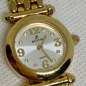 Westar Swiss Eb women’s watch gold tone 25mm quartz analog links band 6”running thumbnail 3