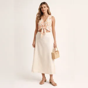 Abercrombie & Fitch pale orange floral linen blend tie front sleeveless crop top thumbnail 2