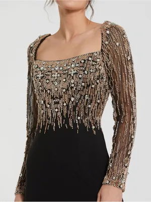 Mac Duggal 2256 Black Beaded Square Neck Long Sleeve Jersey Gown sz 20 NWOT thumbnail 2