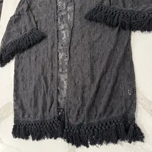 Aerie Crochet Lace Fringe Hem Kimono Women’s M/L Black Floral Swim Coverup Boho thumbnail 6