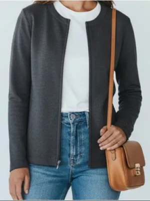 Lands End gray Cotten blend Zip Crew Cardigan loungewear basic minimalist active thumbnail 1