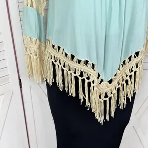 UMGEE Boho Peasant Crochet Fringe Hem Triangle Top‎ Teal Green Tan Large Hippie thumbnail 8