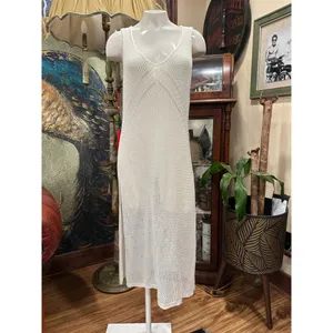 Boho Crochet Knit Maxi Cover Up Dress White Sleeveless V-Back Summer Resort thumbnail 4
