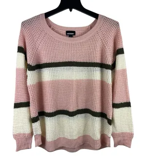 Joe Boxer Pink Green White Striped Pullover Open Knit Crew Neck Sweater 2x thumbnail 1