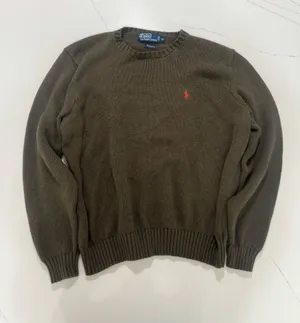 Polo Ralph Lauren Mens XL Brown Olive Cotton Knit Crewneck Sweater Red Pony thumbnail 1
