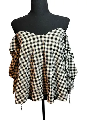 Miou Muse Mimi Gingham Off Shoulder Top Black White‎ Ruched Sleeve MMT448 Small thumbnail 1