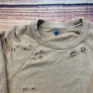 Aerie Oversized Beige Distressed Cropped Crewneck Sweater Large Stretch thumbnail 2