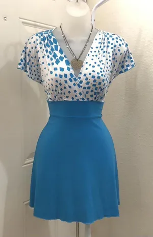 Vintage 90s USA Pinup Rockabilly Babydoll Coquette Blue white polka dot mini dress V-neck tie belted short sleeve #celestial #fairycore #mermaid Measurement in pics thumbnail 1