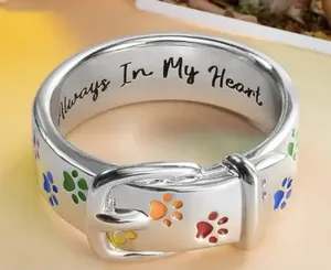 Women’s White Gold Colorful Paw Print “Always in My Heart” Engraved Ring Size 6 thumbnail 1