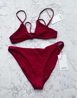 NWT Quince Cherry Red Knot Tie Bikini Top & Italian Low Rise Bottom Set Small thumbnail 1
