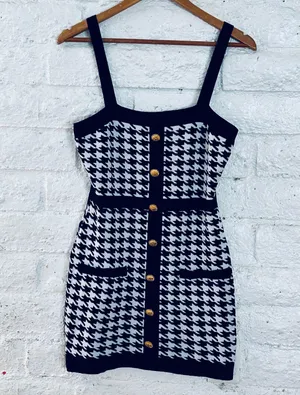 Coco and Shay Houndstooth Knit Mini Dress Size L Stretch Party Cocktail Sweater thumbnail 2