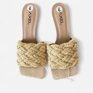 Axel tan nude straw woven square toe heeled slip on sandals sz 6 women thumbnail 3