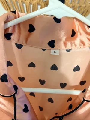 Men's Satin Short-Sleeve Button-Down Shirt in Peach with Black Hearts thumbnail 3