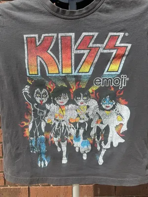 KISS x Emoji Graphic Rock Cropped T-Shirt Size Small Gene Simmons Paul Ace Gray thumbnail 2