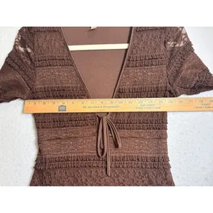 Brown Lace Ruffle Tiered Maxi Dress V-Neck Long Sleeve M thumbnail 10