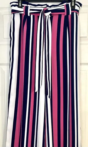 Express SzM High Rise Striped Paperbag Wide Leg Pants Pink Navy White thumbnail 6