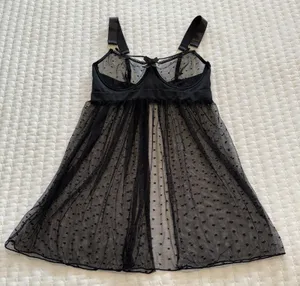 Venus Black Polka Dot Mesh Lace Lingerie Babydoll Slip Sheer Nightie Sz S Small thumbnail 1
