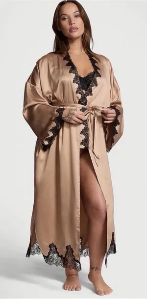 Victoria’s Secret Satin & Rose Lace Open-Back Long Robe Tan thumbnail 1