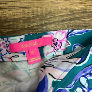 Lilly Pulitzer Ibis Skirt Moonlight Garden Floral Pink Blue Size 8 Ruffle Hem Mi thumbnail 2