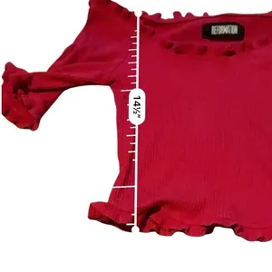 Reformation Ribbed Off Shoulder Crop Top Womens S‎ Red Lettuce Trim Fitted thumbnail 7