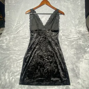 Free People Black Velvet Tank Top mini dress Small Babydoll Lace Romantic Whimsy thumbnail 9