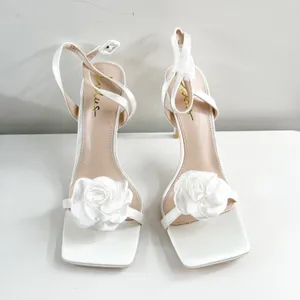 Lulus Aerianna Satin Floral Rosette Ankle Strap Square Toe Sandals White 8 thumbnail 4