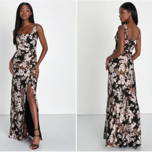 LULU's Floral Sexy Romantic Flowy Floral Wedding Formal Event Satin Maxi Dress thumbnail 2