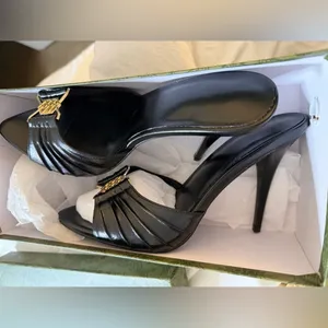 NEW Mules Heeled Sandals Vegan Leather High 3.5in Heels Pointed Peep Toe 7 thumbnail 4