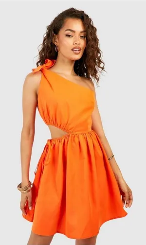 BOOHOO Orange One Shoulder Cutout Skater Dress Size US 6 NEW NWT thumbnail 1